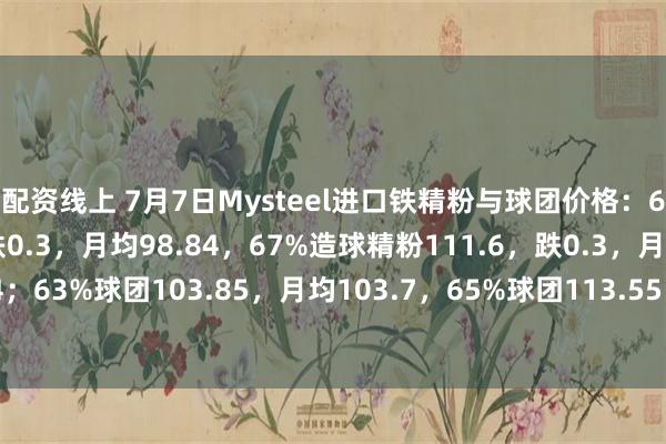 配资线上 7月7日Mysteel进口铁精粉与球团价格：65%烧结精粉99.7，跌0.3，月均98.84，67%造球精粉111.6，跌0.3，月均110.74；63%球团103.85，月均103.7，65%球团113.55，月均113.4。（单位：美元/干吨）